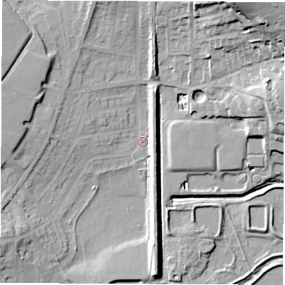 Shaded relief map of the ground around S715LT, computed from Environment Agency LiDAR. The ground here sits at about 35 m above sea level and falls 36 m across the surrounding 800 m. Surface water reaching this point runs off ground lying to the south-west, 13.9 m higher.
