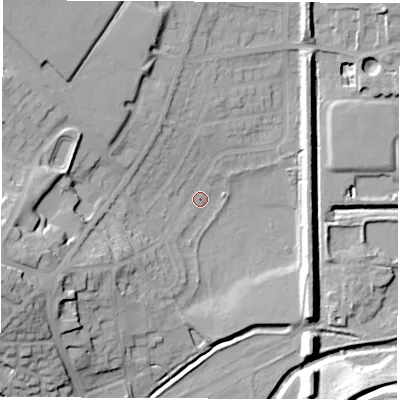 Shaded relief map of the ground around S715LU, computed from Environment Agency LiDAR. The ground here sits at about 35 m above sea level and falls 25 m across the surrounding 800 m. Surface water reaching this point runs off ground lying to the west-south-west, 18.1 m higher.