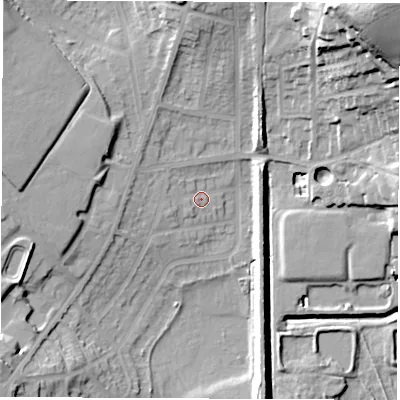 Shaded relief map of the ground around S715LX, computed from Environment Agency LiDAR. The ground here sits at about 36 m above sea level and falls 43 m across the surrounding 800 m. Surface water reaching this point runs off ground lying to the west, 5.0 m higher.