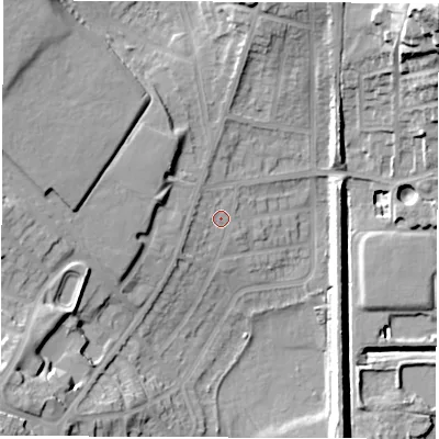 Shaded relief map of the ground around S715LY, computed from Environment Agency LiDAR. The ground here sits at about 39 m above sea level and falls 38 m across the surrounding 800 m. Surface water reaching this point runs off ground lying to the west-south-west, 2.6 m higher.