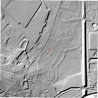 Shaded relief map of the ground around S715LZ, computed from Environment Agency LiDAR. The ground here sits at about 37 m above sea level and falls 26 m across the surrounding 800 m. Surface water reaching this point runs off ground lying to the west-south-west, 22.3 m higher.