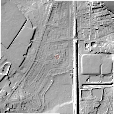 Shaded relief map of the ground around S715NA, computed from Environment Agency LiDAR. The ground here sits at about 37 m above sea level and falls 40 m across the surrounding 800 m. Surface water reaching this point runs off ground lying to the west, 6.4 m higher.