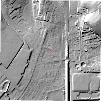 Shaded relief map of the ground around S715NE, computed from Environment Agency LiDAR. The ground here sits at about 38 m above sea level and falls 44 m across the surrounding 800 m. Surface water reaching this point runs off ground lying to the north, 10.6 m higher.