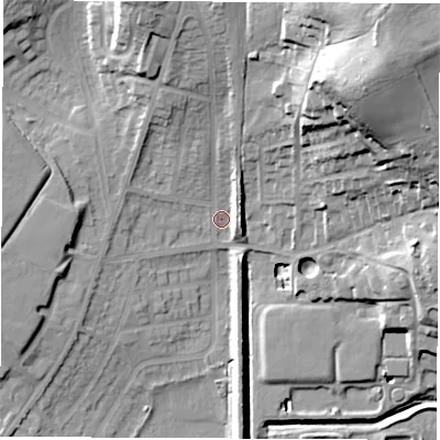 Shaded relief map of the ground around S715NJ, computed from Environment Agency LiDAR. The ground here sits at about 37 m above sea level and falls 44 m across the surrounding 800 m. Surface water reaching this point runs off ground lying to the north-north-east, 21.2 m higher.