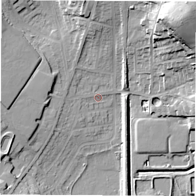 Shaded relief map of the ground around S715NT, computed from Environment Agency LiDAR. The ground here sits at about 36 m above sea level and falls 44 m across the surrounding 800 m. Surface water reaching this point runs off ground lying to the west, 7.6 m higher.