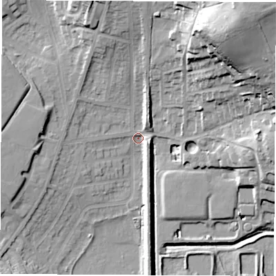 Shaded relief map of the ground around S715NU, computed from Environment Agency LiDAR. The ground here sits at about 35 m above sea level and falls 44 m across the surrounding 800 m. Surface water reaching this point runs off ground lying to the north-east, 41.4 m higher.