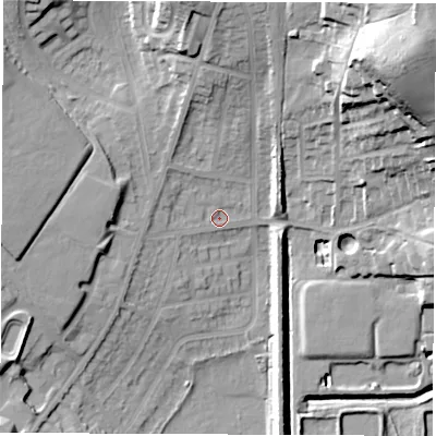 Shaded relief map of the ground around S715PB, computed from Environment Agency LiDAR. The ground here sits at about 37 m above sea level and falls 44 m across the surrounding 800 m. Surface water reaching this point runs off ground lying to the west, 8.0 m higher.