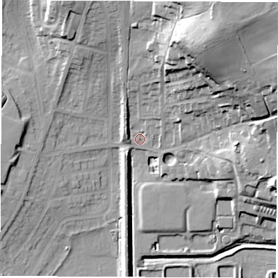 Shaded relief map of the ground around S715PD, computed from Environment Agency LiDAR. The ground here sits at about 38 m above sea level and falls 44 m across the surrounding 800 m. Surface water reaching this point runs off ground lying to the north-east, 38.4 m higher.