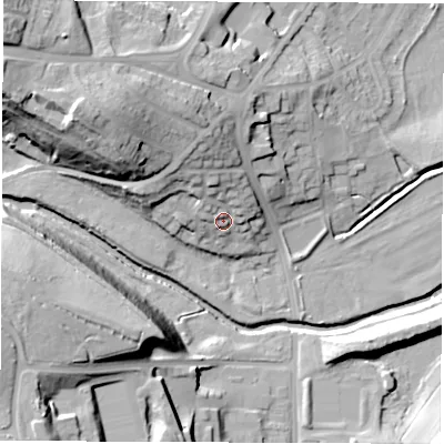 Shaded relief map of the ground around S715PH, computed from Environment Agency LiDAR. The ground here sits at about 42 m above sea level and falls 35 m across the surrounding 800 m. Surface water reaching this point runs off ground lying to the north-north-west, 13.1 m higher.