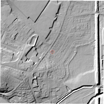 Shaded relief map of the ground around S715PP, computed from Environment Agency LiDAR. The ground here sits at about 37 m above sea level and falls 30 m across the surrounding 800 m. Surface water reaching this point runs off ground lying to the west-south-west, 23.5 m higher.