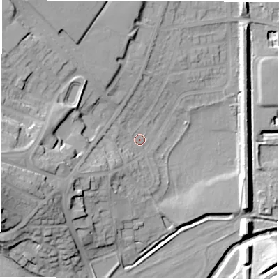 Shaded relief map of the ground around S715PR, computed from Environment Agency LiDAR. The ground here sits at about 36 m above sea level and falls 27 m across the surrounding 800 m. Surface water reaching this point runs off ground lying to the west-south-west, 18.1 m higher.