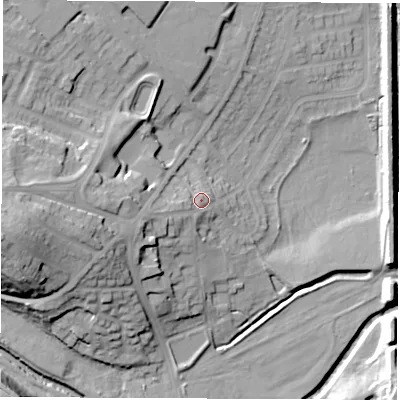 Shaded relief map of the ground around S715PT, computed from Environment Agency LiDAR. The ground here sits at about 43 m above sea level and falls 31 m across the surrounding 800 m. Surface water reaching this point runs off ground lying to the west-south-west, 8.0 m higher.