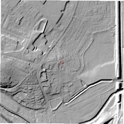 Shaded relief map of the ground around S715PU, computed from Environment Agency LiDAR. The ground here sits at about 42 m above sea level and falls 30 m across the surrounding 800 m. Surface water reaching this point runs off ground lying to the west-south-west, 6.2 m higher.