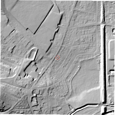 Shaded relief map of the ground around S715PW, computed from Environment Agency LiDAR. The ground here sits at about 38 m above sea level and falls 28 m across the surrounding 800 m. Surface water reaching this point runs off ground lying to the west-south-west, 23.5 m higher.