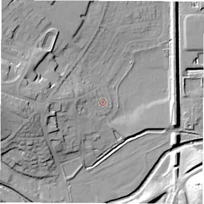 Shaded relief map of the ground around S715PX, computed from Environment Agency LiDAR. The ground here sits at about 38 m above sea level and falls 44 m across the surrounding 800 m. Surface water reaching this point runs off ground lying to the west, 14.9 m higher.