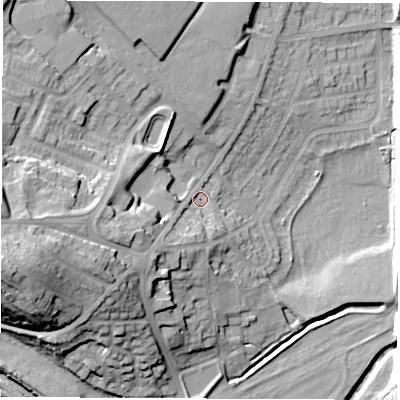 Shaded relief map of the ground around S715PZ, computed from Environment Agency LiDAR. The ground here sits at about 40 m above sea level and falls 32 m across the surrounding 800 m. Surface water reaching this point runs off ground lying to the west-south-west, 21.7 m higher.