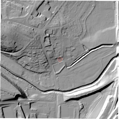 Shaded relief map of the ground around S715QE, computed from Environment Agency LiDAR. The ground here sits at about 38 m above sea level and falls 31 m across the surrounding 800 m. Surface water reaching this point runs off ground lying to the north-west, 12.8 m higher.