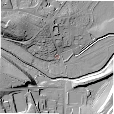 Shaded relief map of the ground around S715QF, computed from Environment Agency LiDAR. The ground here sits at about 37 m above sea level and falls 32 m across the surrounding 800 m. Surface water reaching this point runs off ground lying to the north-north-west, 17.6 m higher.