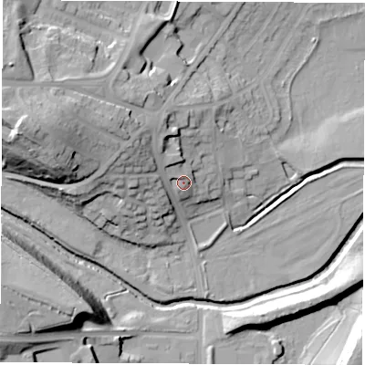 Shaded relief map of the ground around S715QQ, computed from Environment Agency LiDAR. The ground here sits at about 44 m above sea level and falls 32 m across the surrounding 800 m. Surface water reaching this point runs off ground lying to the north-north-west, 5.3 m higher.