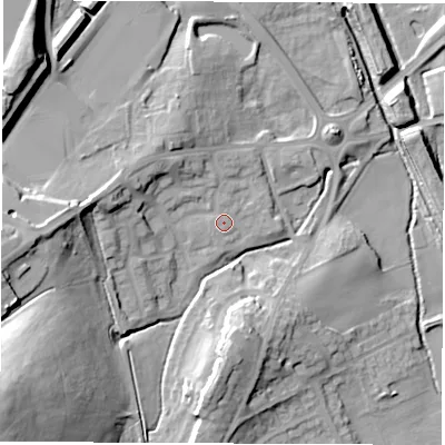 Shaded relief map of the ground around S715SH, computed from Environment Agency LiDAR. The ground here sits at about 42 m above sea level and falls 34 m across the surrounding 800 m. Surface water reaching this point runs off ground lying to the west-north-west, 8.0 m higher.