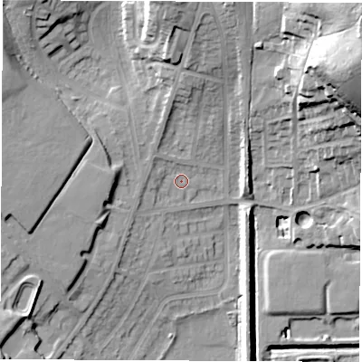 Shaded relief map of the ground around S715UF, computed from Environment Agency LiDAR. The ground here sits at about 38 m above sea level and falls 43 m across the surrounding 800 m. Surface water reaching this point runs off ground lying to the north-west, 3.0 m higher.