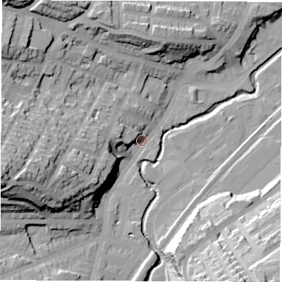 Shaded relief map of the ground around S71AD, computed from Environment Agency LiDAR. The ground here sits at about 78 m above sea level and falls 51 m across the surrounding 800 m. Surface water reaching this point runs off ground lying to the west-south-west, 38.5 m higher.