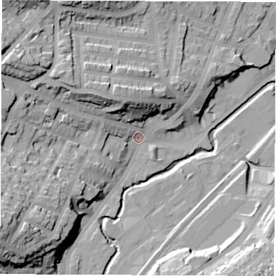 Shaded relief map of the ground around S71FR, computed from Environment Agency LiDAR. The ground here sits at about 76 m above sea level and falls 42 m across the surrounding 800 m. Surface water reaching this point runs off ground lying to the west-south-west, 35.1 m higher.