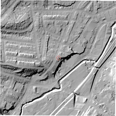 Shaded relief map of the ground around S71FS, computed from Environment Agency LiDAR. The ground here sits at about 81 m above sea level and falls 31 m across the surrounding 800 m. Surface water reaching this point runs off ground lying to the west, 4.6 m higher.