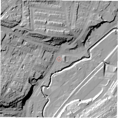 Shaded relief map of the ground around S71FU, computed from Environment Agency LiDAR. The ground here sits at about 76 m above sea level and falls 41 m across the surrounding 800 m. Surface water reaching this point runs off ground lying to the west-south-west, 34.0 m higher.