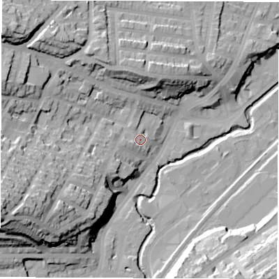 Shaded relief map of the ground around S71RB, computed from Environment Agency LiDAR. The ground here sits at about 81 m above sea level and falls 48 m across the surrounding 800 m. Surface water reaching this point runs off ground lying to the west-south-west, 2.6 m higher.