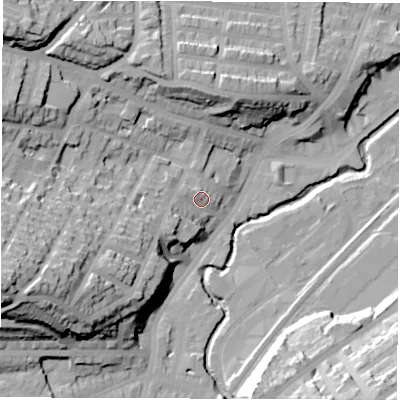 Shaded relief map of the ground around S71RD, computed from Environment Agency LiDAR. The ground here sits at about 82 m above sea level and falls 50 m across the surrounding 800 m. Surface water reaching this point runs off ground lying to the west-south-west, 12.4 m higher.