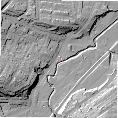 Shaded relief map of the ground around S71TA, computed from Environment Agency LiDAR. The ground here sits at about 77 m above sea level and falls 46 m across the surrounding 800 m. Surface water reaching this point runs off ground lying to the west-south-west, 37.9 m higher.
