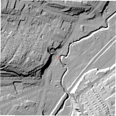 Shaded relief map of the ground around S71TB, computed from Environment Agency LiDAR. The ground here sits at about 77 m above sea level and falls 59 m across the surrounding 800 m. Surface water reaching this point runs off ground lying to the south-south-east, 47.1 m higher.