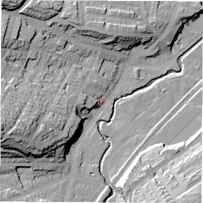 Shaded relief map of the ground around S71TD, computed from Environment Agency LiDAR. The ground here sits at about 78 m above sea level and falls 49 m across the surrounding 800 m. Surface water reaching this point runs off ground lying to the west-south-west, 38.5 m higher.
