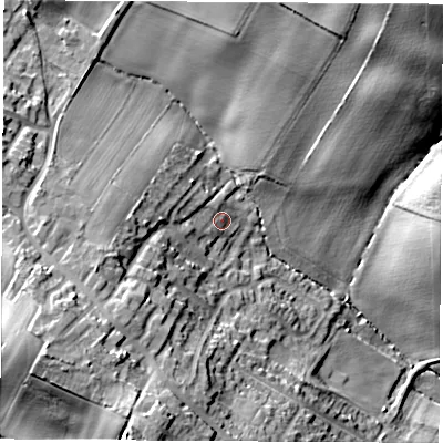 Shaded relief map of the ground around S720AJ, computed from Environment Agency LiDAR. The ground here sits at about 52 m above sea level and falls 35 m across the surrounding 800 m. Surface water reaching this point runs off ground lying to the west, 7.9 m higher.