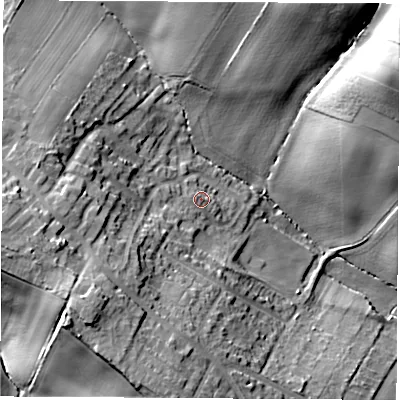 Shaded relief map of the ground around S720BF, computed from Environment Agency LiDAR. The ground here sits at about 50 m above sea level and falls 28 m across the surrounding 800 m. Surface water reaching this point runs off ground lying to the west-south-west, 7.2 m higher.