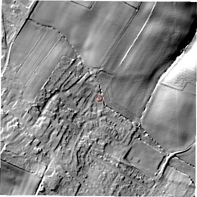 Shaded relief map of the ground around S720BH, computed from Environment Agency LiDAR. The ground here sits at about 50 m above sea level and falls 33 m across the surrounding 800 m. Surface water reaching this point runs off ground lying to the north-north-east, 18.9 m higher.