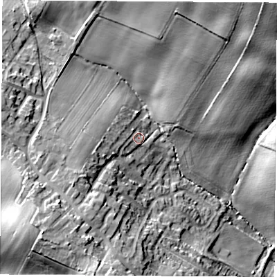 Shaded relief map of the ground around S720BQ, computed from Environment Agency LiDAR. The ground here sits at about 54 m above sea level and falls 37 m across the surrounding 800 m. Surface water reaching this point runs off ground lying to the west-south-west, 10.4 m higher.