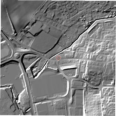 Shaded relief map of the ground around S727BD, computed from Environment Agency LiDAR. The ground here sits at about 38 m above sea level and falls 25 m across the surrounding 800 m. Surface water reaching this point runs off ground lying to the south-east, 21.5 m higher.