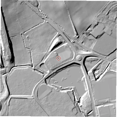 Shaded relief map of the ground around S727BN, computed from Environment Agency LiDAR. The ground here sits at about 39 m above sea level and falls 18 m across the surrounding 800 m. Surface water reaching this point runs off ground lying to the north-east, 1.5 m higher.