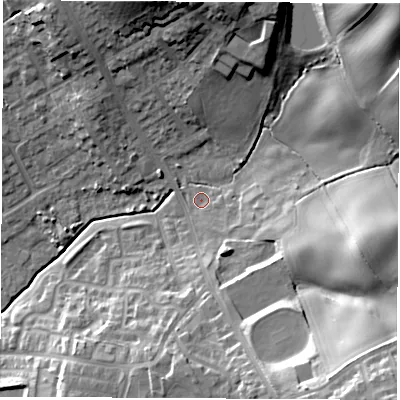Shaded relief map of the ground around S727EH, computed from Environment Agency LiDAR. The ground here sits at about 42 m above sea level and falls 37 m across the surrounding 800 m. Surface water reaching this point runs off ground lying to the east-south-east, 11.0 m higher.