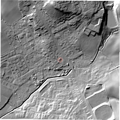 Shaded relief map of the ground around S727EJ, computed from Environment Agency LiDAR. The ground here sits at about 44 m above sea level and falls 31 m across the surrounding 800 m. Surface water reaching this point runs off ground lying to the north-west, 3.5 m higher.