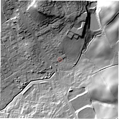 Shaded relief map of the ground around S727EP, computed from Environment Agency LiDAR. The ground here sits at about 43 m above sea level and falls 41 m across the surrounding 800 m. Surface water reaching this point runs off ground lying to the north-north-east, 18.1 m higher.