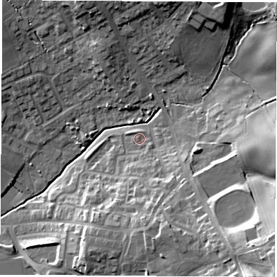 Shaded relief map of the ground around S727FL, computed from Environment Agency LiDAR. The ground here sits at about 42 m above sea level and falls 30 m across the surrounding 800 m. Surface water reaching this point runs off ground lying to the east-south-east, 1.3 m higher.