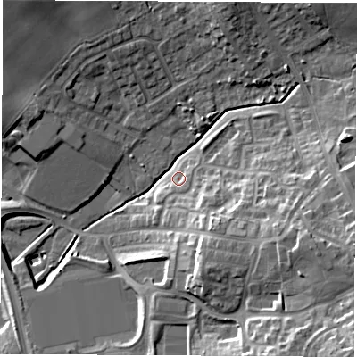 Shaded relief map of the ground around S727FR, computed from Environment Agency LiDAR. The ground here sits at about 40 m above sea level and falls 25 m across the surrounding 800 m. Surface water reaching this point runs off ground lying to the south-east, 3.3 m higher.