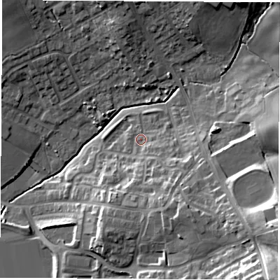 Shaded relief map of the ground around S727FT, computed from Environment Agency LiDAR. The ground here sits at about 43 m above sea level and falls 31 m across the surrounding 800 m. Surface water reaching this point runs off ground lying to the south-east, 7.3 m higher.