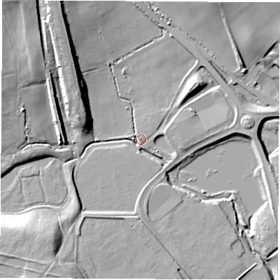 Shaded relief map of the ground around S727FZ, computed from Environment Agency LiDAR. The ground here sits at about 38 m above sea level and falls 19 m across the surrounding 800 m. Surface water reaching this point runs off ground lying to the south-south-west, 2.9 m higher.