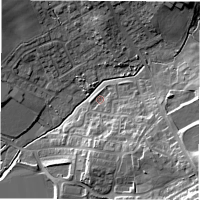 Shaded relief map of the ground around S727GA, computed from Environment Agency LiDAR. The ground here sits at about 41 m above sea level and falls 29 m across the surrounding 800 m. Surface water reaching this point runs off ground lying to the south-east, 8.7 m higher.