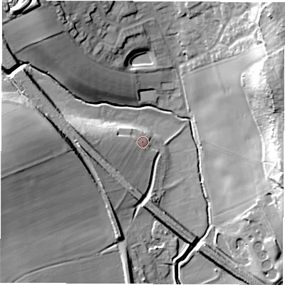 Shaded relief map of the ground around S728EH, computed from Environment Agency LiDAR. The ground here sits at about 36 m above sea level and falls 35 m across the surrounding 800 m. Surface water reaching this point runs off ground lying to the west, 4.7 m higher.