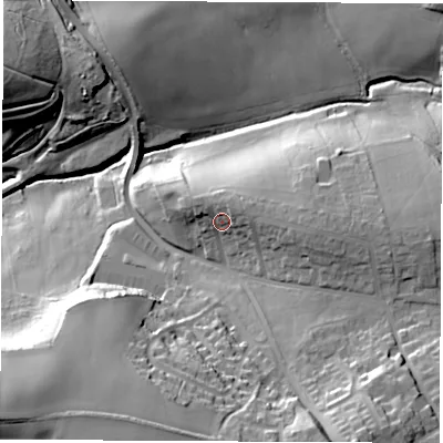 Shaded relief map of the ground around S728PL, computed from Environment Agency LiDAR. The ground here sits at about 69 m above sea level and falls 40 m across the surrounding 800 m. Surface water reaching this point runs off ground lying to the east, 3.1 m higher.